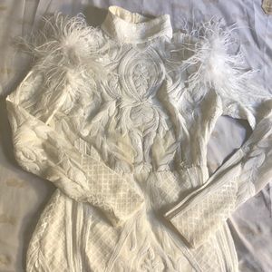 White Sequin Mesh and Feathered dress